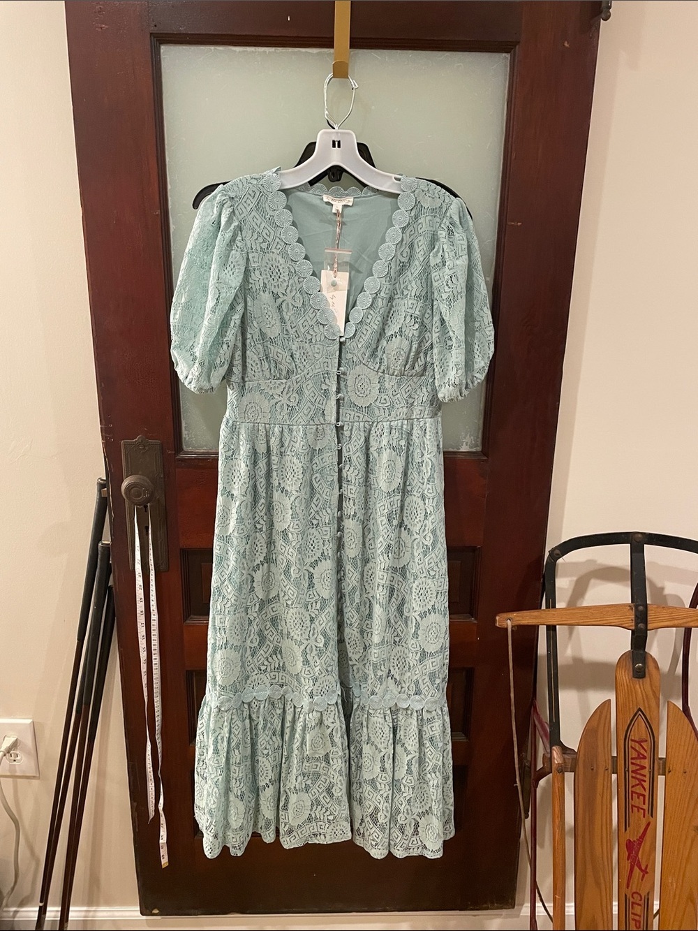 By The River Light Green Lace MaxiDress with Puff Sleeves